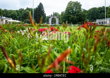 Chorzow, Pologne - 29 juin 2023 : la porte principale monumentale du zoo. Plantes floues au premier plan. Banque D'Images