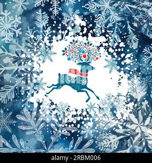 Carte de Noël. Cerf de Noël. Abstraction avec flocons de neige. Illustration vectorielle Illustration de Vecteur