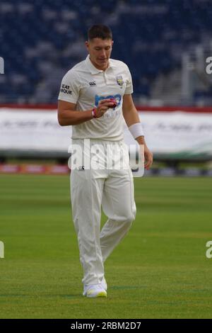 Chester le Street, 10 juillet 2023. Matthew Potts bowling pour Durham Cricket contre Gloucestershire dans le LV= County Championship Division Two match à Seat unique, Riverside, Chester le Street. Crédit : Colin Edwards/Alamy Live News Banque D'Images