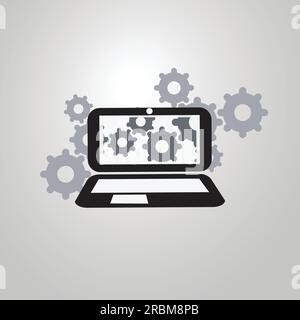 Concept de symbole d'analyse ou de bugfix avec icône de loupe et engrenages sur un ordinateur portable Illustration de Vecteur