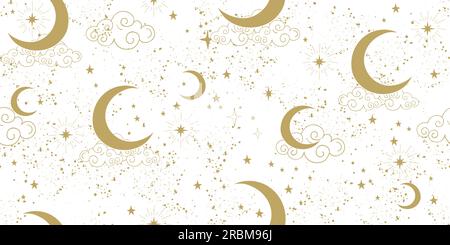 Motif sans couture céleste de lune mystique, étoiles dorées et croissant sur fond blanc, ornement Boho pour tarot, astrologie, signes du zodiaque, vét cosmique Illustration de Vecteur