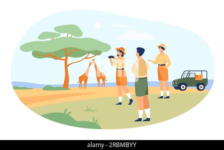 Safari touristes appréciant le voyage d'aventure Illustration de Vecteur
