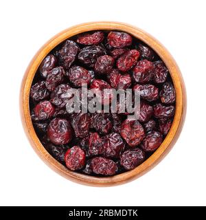 Grandes canneberges séchées, dans un bol en bois. Fruits mûrs de Vaccinium macrocarpon, également connu sous le nom de canneberge américaine ou de busette. Baies rouges. Banque D'Images