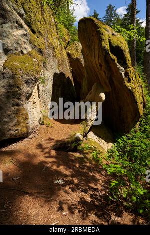 Le groupe rocheux de grès rhétique Diebskeller près d'Altenstein, Hassberge nature Park, Basse-Franconie, Bavière, Allemagne Banque D'Images