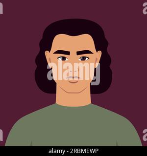 Jeune homme avec portrait de cheveux bouclés. Un homme abstrait ou un étudiant. Avatar masculin abstrait pleine face dans un style plat. Art vectoriel Illustration de Vecteur