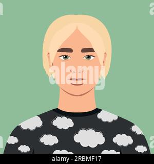 Jeune homme aux cheveux blonds dans un pull avec des nuages dessus. Portrait d'un gars abstrait ou d'un étudiant. Avatar masculin abstrait pleine face dans un style plat. Vecteur A. Illustration de Vecteur