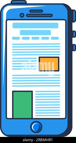 Smartphone avec application mobile pour la lecture en ligne de documents et de livres à l'écran. Gestion des e-mails entrants sur un appareil mobile. Contour de dessin animé simple Illustration de Vecteur