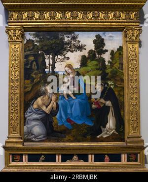 Vierge et enfant avec les saints Jérôme et Dominique, Filippino Lippi, circa 1485, Banque D'Images