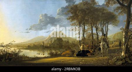 Paysage de la rivière avec Horseman et paysans, Aelbert Cuyp, 1658-1660, Banque D'Images