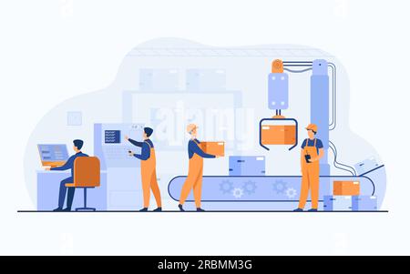 Les travailleurs d'usine et le bras robotisé retirent les emballages du convoyeur Illustration de Vecteur