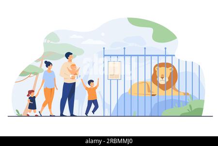 Famille avec enfants dans le zoo regardant le lion dans la cage Illustration de Vecteur