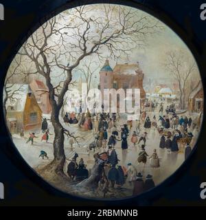 Scène d'hiver avec des patineurs près d'un château, Hendrick Avercamp, 1608-09, Banque D'Images