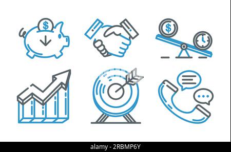 Ensemble d'icônes de ligne de tirelire, poignée de main de réseau, cible, courbe ascendante, stabilité financière, et la communication. Convient aux sites Web et aux médias sociaux Illustration de Vecteur