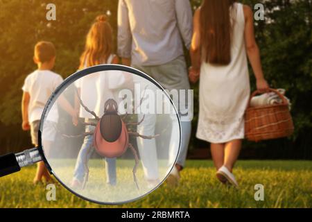 Danger saisonnier des loisirs de plein air. Famille avec panier pique-nique dans le parc. Illustration de la loupe avec coche, mise au point sélective Banque D'Images