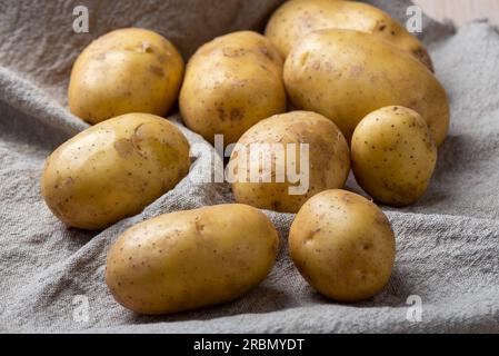 Tubercules de pomme de terre mûrs lavés sur toile de jute. Gros plan. Banque D'Images