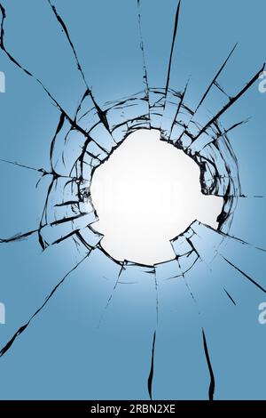 Vitrail avec un trou au milieu sur un fond bleu. Texture de fissures noires et fond blanc au centre. Banque D'Images