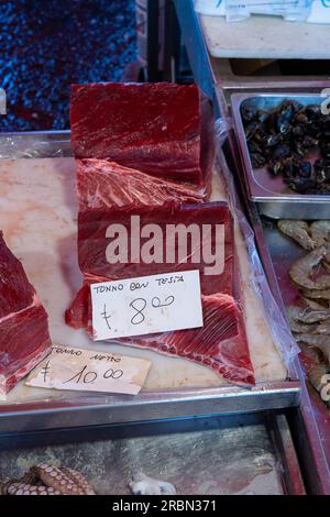 Thon frais vendu sur un marché en Italie avec signe Tonno con testa (traduction : thon avec tête), avec prix Banque D'Images