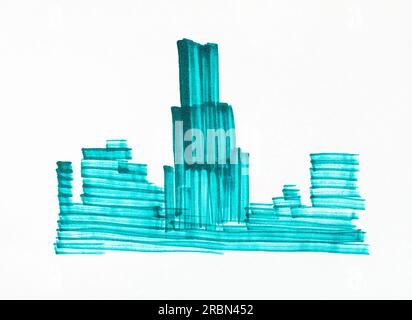 esquisse dessinée à la main de formation de gratte-ciel sur papier blanc par le stylo marqueur vert large Banque D'Images