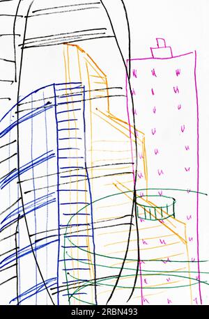 esquisse dessinée à la main de formation du quartier financier sur papier blanc par des stylos de couleur Banque D'Images