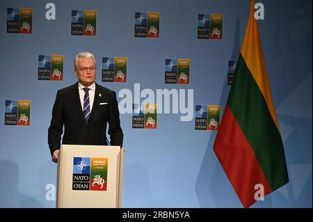 Vilnius, Lituanie. 10 juillet 2023. Forum public de l'OTAN 2023. Président lituanien Gitanas Nauseda lors de la conférence de presse. 10.07.2023 Lituanie, Vilnius crédit photo : Alexi Witwicki/Sipa USA crédit : SIPA USA/Alamy Live News Banque D'Images