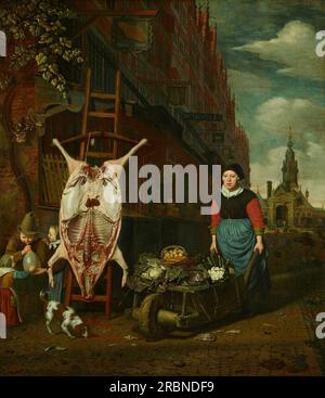 Het Varken Op de Leer rencontre Gezicht Op de Haarlemmerpoort-The Haarlemmerdijk avec un cochon sur un escabeau 1668 de Michiel van Musscher Banque D'Images