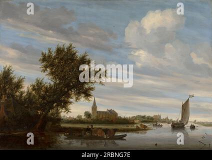 Vue sur la rivière avec église et ferry par Salomon van Ruysdael Banque D'Images