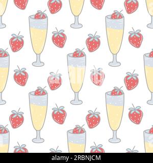 Motif sans couture champagne et fraise. Verres dessinés à la main de fond avec vin mousseux. Impression festive pour emballage, conception de produits, vecteur Illustration de Vecteur