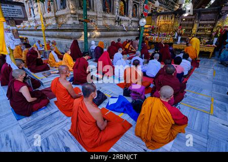 Inde, Bihar, Bodhgaya, UNESCO World Heriatge, le temple Mahabodhi, Moines bouddhistes priant devant l'arbre Bodhi sous lequel le Bouddha a atteint Banque D'Images