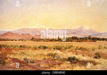 Los volcanes Popocatépetl e Iztaccíhuatl a la puesta del sol de Jose Maria Velasco Banque D'Images
