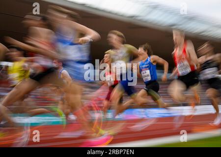 Kassel, Deutschland. 09 juillet 2023. Fonctionnalité, action, groupe, coureurs, dynamique, Blurred, finale du 1500m masculin, le 07/09/2023 Championnats d'Allemagne d'athlétisme 2023, du 07/08/2023 au 09.07.2023 à Kassel en Allemagne. Crédit : dpa/Alamy Live News Banque D'Images