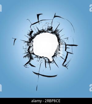 Trous de balle dans la fenêtre contre le ciel bleu. Conséquences de l'écaillage et des fissures sur le verre Banque D'Images