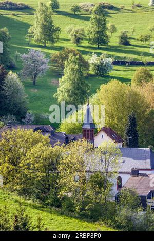 Arbres de printemps dans le Taunus avec l'église Engenhahn, Niedernhausen, Hesse, Allemagne Banque D'Images
