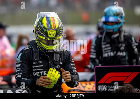 Silverstone, Royaume-Uni, juillet 09, Lewis Hamilton, du Royaume-Uni concourt pour Mercedes F1. Jour de la course, ronde 11 du championnat de Formule 1 2023. Crédit : Michael Potts/Alamy Live News Banque D'Images