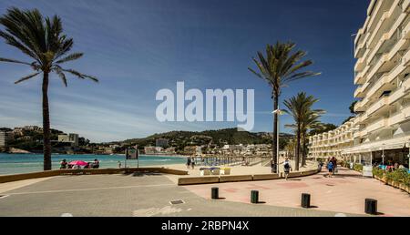 Sur Passeig Maritim de Palmira et Platja Palmira Beach, Paguera, Majorque, Espagne Banque D'Images