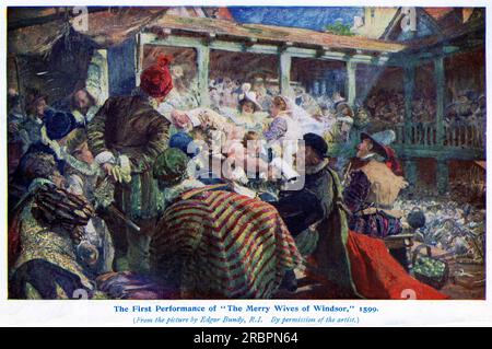 Demi-teinte de la première représentation de la pièce de William Shakespeare, les Joyeuses épouses de Windsor, en 1599 au Globe Theatre de Londres, en Angleterre Banque D'Images