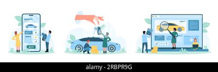 Acheter ou louer une illustration vectorielle de set de voiture. Les gens minuscules de bande dessinée avec la loupe vérifient les petites annonces en ligne des concessionnaires ou des propriétaires dans le service du marché automobile, l'homme tenant la clé de véhicule et les pièces d'or Illustration de Vecteur