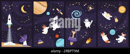 Aventure spatiale d'animaux astronautes ensemble illustration vectorielle. Dessin animé conception d'art enfantin avec des explorateurs mignons dans le casque et la combinaison spatiale volant dans la galaxie avec fusée et planètes, étoiles dans la constellation Illustration de Vecteur