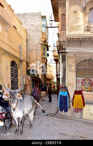 Inde, Jaisalmer, vieille ville, fort, avec des rues très étroites, vendant des vêtements et des vaches sacrées Banque D'Images