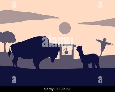 Illustration plate de Bison et Alpaga dans Farm Live. Illustration vectorielle de silhouette. Illustration de Vecteur