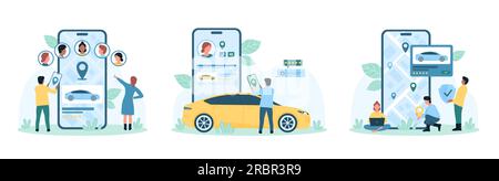 Louer et partager l'illustration vectorielle de set de voiture. Cartoon minuscules personnes tenant le téléphone mobile, bouclier d'assurance et épingle de navigation, en utilisant l'application d'autopartage, la location de véhicules à distance et l'application de service de taxi Illustration de Vecteur