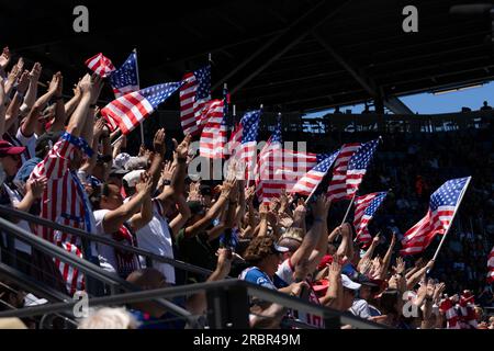 9 juillet 2023 ; San Jose, CA, États-Unis; les fans des États-Unis acclament pendant la première mi-temps contre l'équipe du pays de Galles à PayPal Park. Crédit photo : Stan Szeto - image du sport Banque D'Images