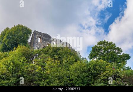 Vue sur les ruines du château de Falkenstein dans l'Ostallgäu près de Pfronten, Bavière, Allemagne, Europe Banque D'Images