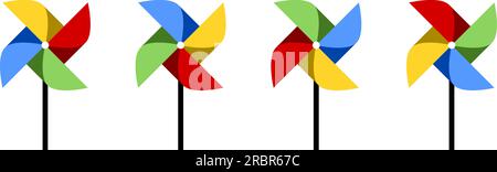 Ensemble de Pinwheel coloré ou moulin à vent tournant avec bâton et icône de symbole de phases de rotation différentes. Image vectorielle. Illustration de Vecteur