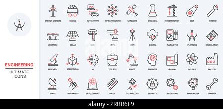 Ingénierie, industrie et production d'énergie icônes de ligne fine rouge noir tendance définir illustration vectorielle. Travail des ingénieurs, infrastructure numérique et équipement de construction, panneau solaire et turbine. Illustration de Vecteur