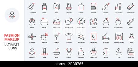 Mode et beauté, cosmétiques icônes de ligne mince noir rouge définir illustration vectorielle. Vernis à ongles, salon de spa, salon de coiffure pour la santé, les cheveux et les soins de la peau, essayer sur les vêtements et le blanchiment des dents, aliments sains. Illustration de Vecteur