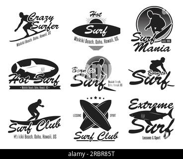 Différents emblèmes plats de club de surf ensemble Illustration de Vecteur