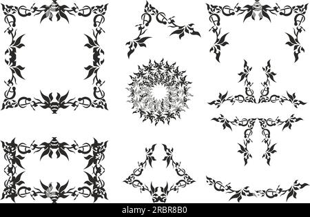 Éléments floraux décoratifs et cadres dans des tons noir-blanc pour vos créations. Bel ensemble ornemental pour emblèmes ou logos, intérieurs, affiche, tatouages Banque D'Images