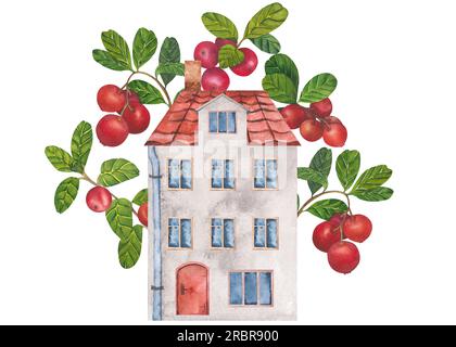 Maison aquarelle avec une porte et des fenêtres, un toit de tuiles, et des baies rouges de canneberges, lingonberries. Ensemble d'éléments sur fond blanc Banque D'Images