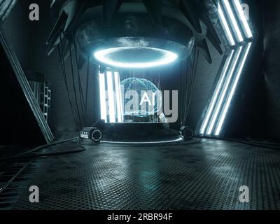 Progrès de l'intelligence artificielle, concept futuriste cerveau dans le processus de codage, réseau neuronal. Machine deep learning avec jeu de données de cloud computing, Internet des objets. animation de rendu 3d. Banque D'Images