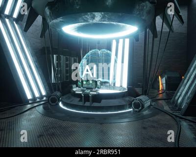 Intelligence artificielle progrès du cerveau IA dans l'innovation en apprentissage machine profond, Internet des objets. Processus de codage avec réseau neuronal et jeu de données, futurisme. animation de rendu 3d. Banque D'Images